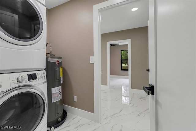431 1st St NW, Naples, FL 34120 - laundry area featuring stacked washer / dryer, water heater, light marble finish floors, and recessed lighting