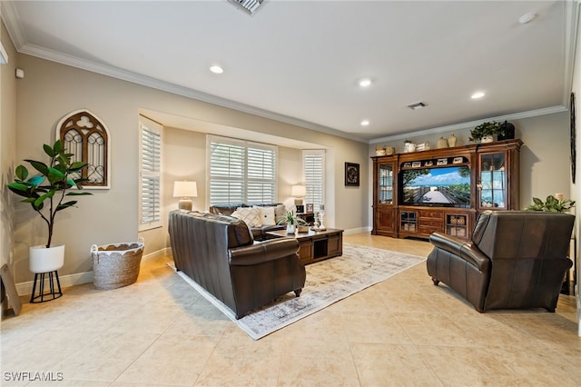 12977 Turtle Cove Trl, North Fort Myers, FL 33903 - living room with light tile patterned floors, crown molding, and recessed lighting