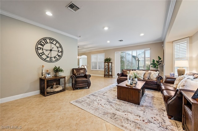12977 Turtle Cove Trl, North Fort Myers, FL 33903 - tiled living room with crown molding, recessed lighting, and a chandelier