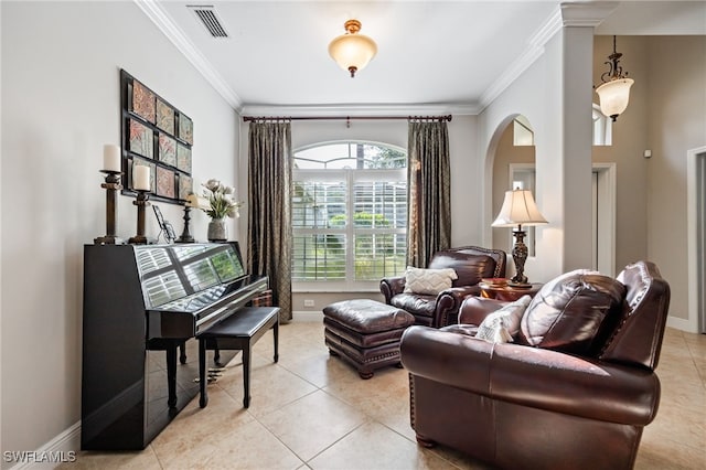 12977 Turtle Cove Trl, North Fort Myers, FL 33903 - living area featuring ornamental molding, light tile patterned flooring, and arched walkways