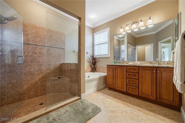 12977 Turtle Cove Trl, North Fort Myers, FL 33903 - full bath featuring a garden tub, a shower stall, double vanity, ornamental molding, and tile patterned flooring