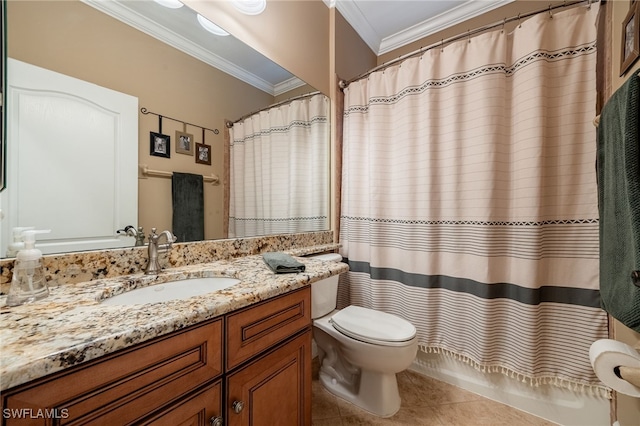 12977 Turtle Cove Trl, North Fort Myers, FL 33903 - bathroom with tile patterned floors, crown molding, vanity, and a shower with shower curtain