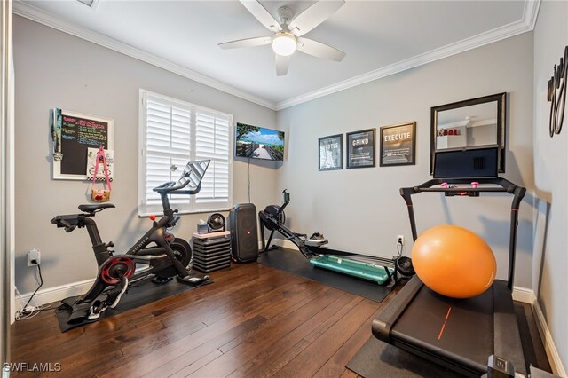 12977 Turtle Cove Trl, North Fort Myers, FL 33903 - workout room featuring hardwood / wood-style flooring, a ceiling fan, and crown molding