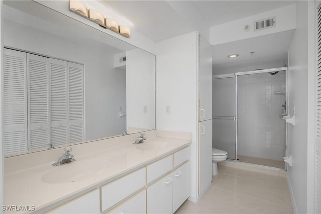 9650 Victoria Ln Unit 201B, Naples, FL 34109 - bathroom with tile patterned floors, a stall shower, a closet, and double vanity