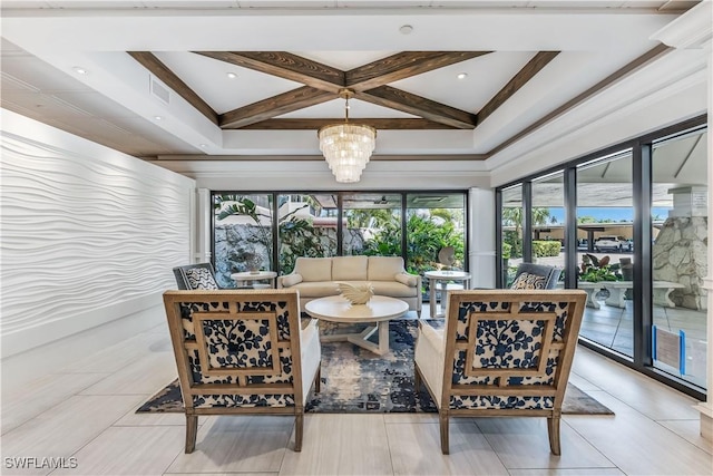 180 Seaview Ct Unit 507, Marco Island, FL 34145 - living area with coffered ceiling, beam ceiling, and a chandelier