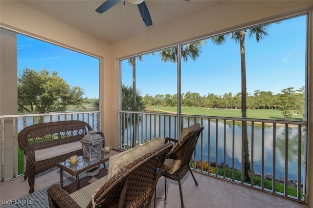 8610 Cedar Hammock Cir Unit 1223, Naples, FL 34112 - sunroom with ceiling fan, a water view, and view of wooded area