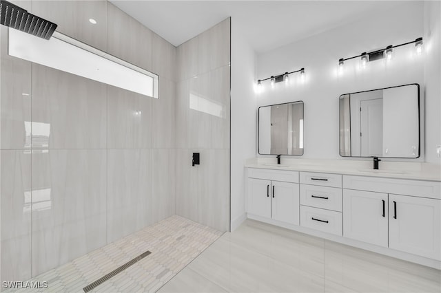 542 Raintree St E, Lehigh Acres, FL 33974 - full bathroom with double vanity, a tile shower, and tile patterned floors
