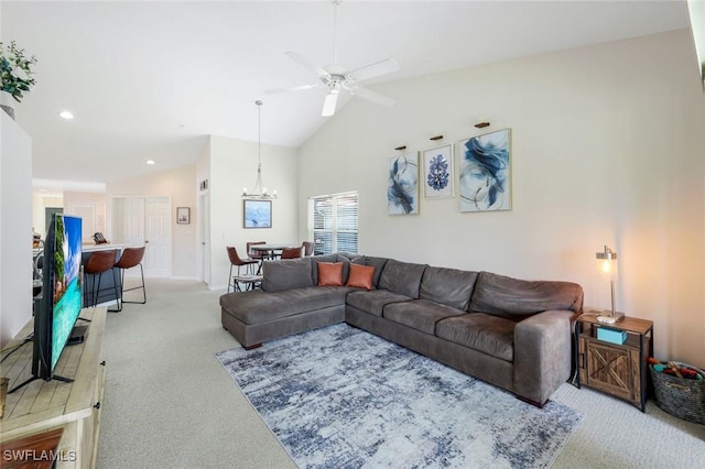 5040 Cedar Springs Dr Unit 201, Naples, FL 34110 - carpeted living area featuring ceiling fan, a chandelier, recessed lighting, and high vaulted ceiling