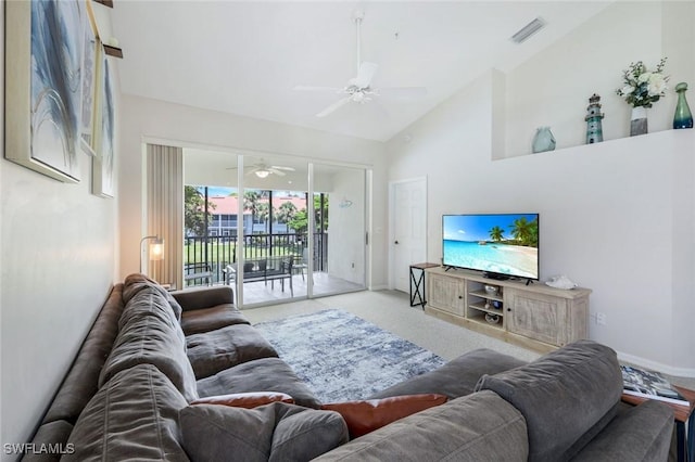 5040 Cedar Springs Dr Unit 201, Naples, FL 34110 - living area featuring a ceiling fan, carpet floors, and high vaulted ceiling