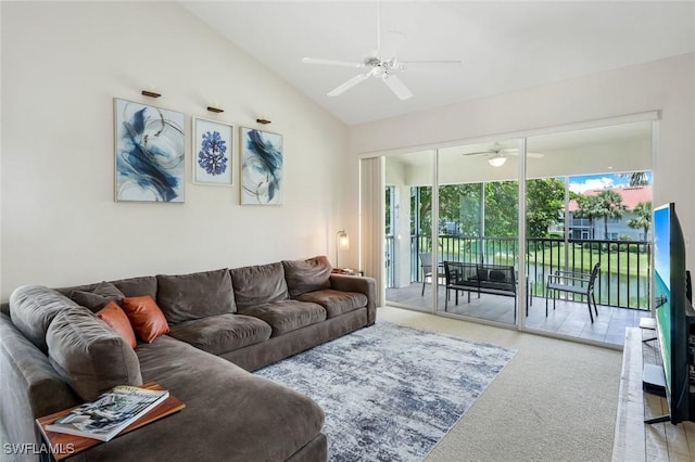5040 Cedar Springs Dr Unit 201, Naples, FL 34110 - living room featuring ceiling fan, carpet floors, and lofted ceiling