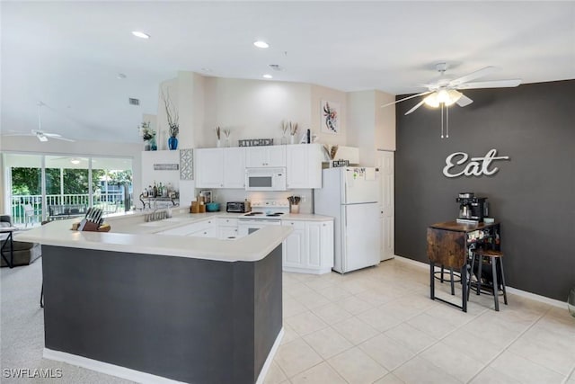 5040 Cedar Springs Dr Unit 201, Naples, FL 34110 - kitchen featuring white appliances, ceiling fan, high vaulted ceiling, white cabinetry, and light countertops