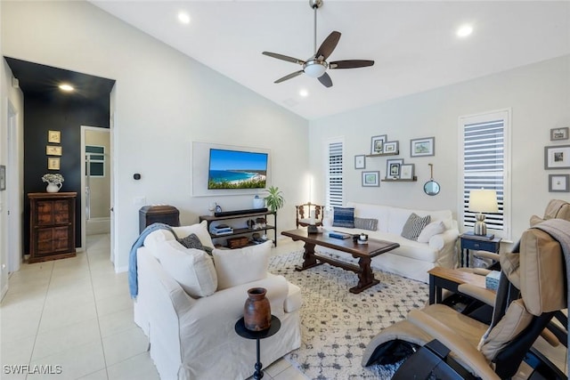 4333 Mistlethrush Ln, Naples, FL 34119 - living room with lofted ceiling, a ceiling fan, light tile patterned floors, and recessed lighting
