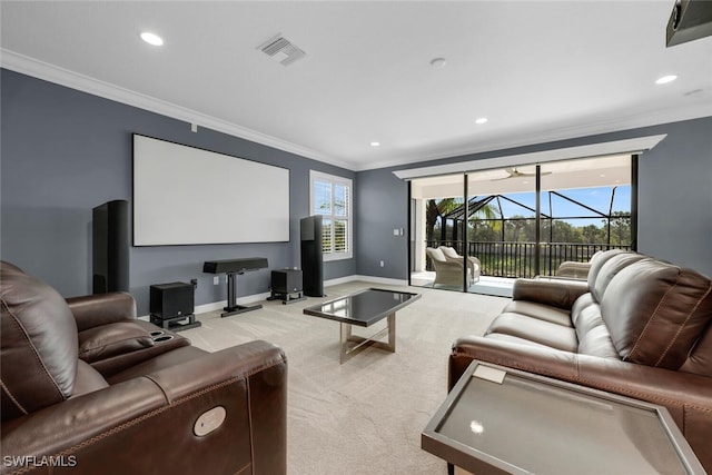 4406 Caldera Cir, Naples, FL 34119 - home theater room featuring light carpet, crown molding, and recessed lighting