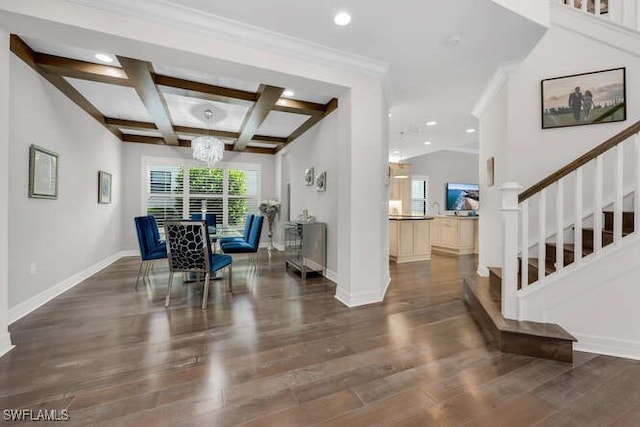 4406 Caldera Cir, Naples, FL 34119 - dining space with stairway, wood finished floors, recessed lighting, beam ceiling, and crown molding