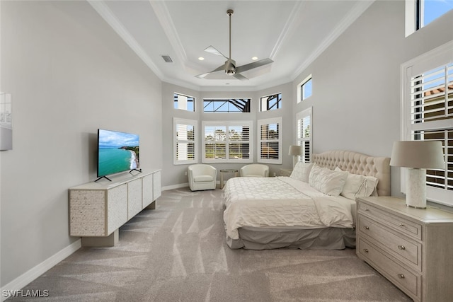 4406 Caldera Cir, Naples, FL 34119 - bedroom with light carpet, crown molding, multiple windows, a towering ceiling, and recessed lighting
