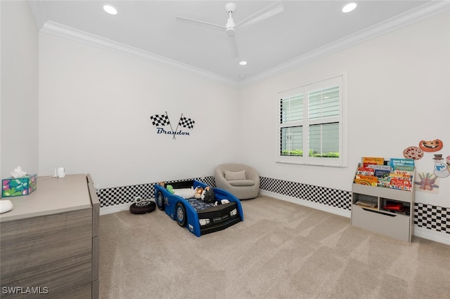 4406 Caldera Cir, Naples, FL 34119 - game room featuring carpet floors, ornamental molding, and recessed lighting