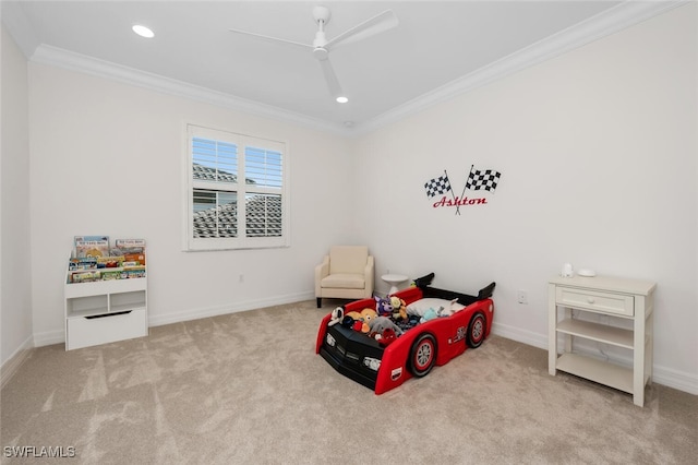 4406 Caldera Cir, Naples, FL 34119 - bedroom featuring crown molding, carpet flooring, recessed lighting, and a ceiling fan