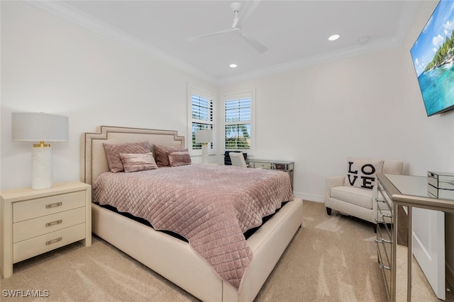 4406 Caldera Cir, Naples, FL 34119 - bedroom featuring ornamental molding, light colored carpet, recessed lighting, and a ceiling fan
