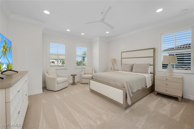 4406 Caldera Cir, Naples, FL 34119 - bedroom with crown molding, recessed lighting, light carpet, and ceiling fan