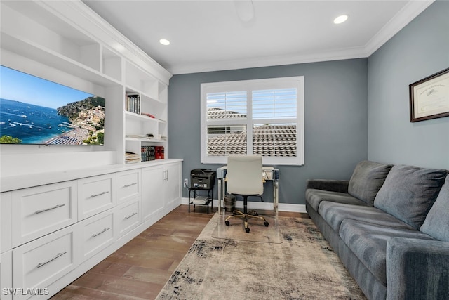 4406 Caldera Cir, Naples, FL 34119 - office with crown molding, dark wood-type flooring, and recessed lighting