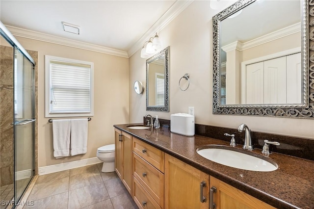 11840 Longshore Way W, Naples, FL 34119 - bathroom featuring double vanity, a stall shower, ornamental molding, and marble look tiles
