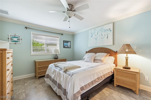 11840 Longshore Way W, Naples, FL 34119 - bedroom with crown molding, a ceiling fan, and light tile patterned flooring