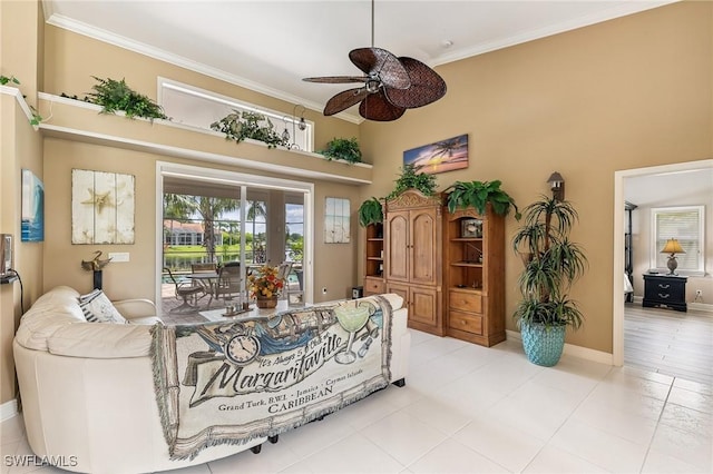 11840 Longshore Way W, Naples, FL 34119 - living room featuring ceiling fan, crown molding, french doors, a towering ceiling, and light tile patterned floors
