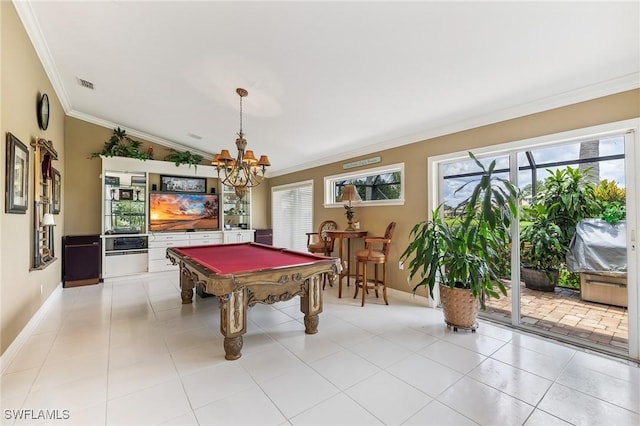 11840 Longshore Way W, Naples, FL 34119 - game room featuring crown molding, billiards table, and a chandelier