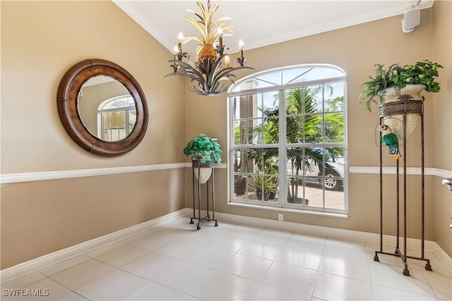 11840 Longshore Way W, Naples, FL 34119 - unfurnished dining area featuring a chandelier, crown molding, and tile patterned floors