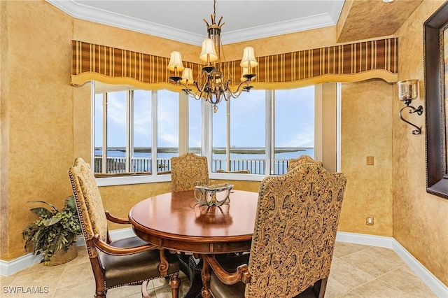 4137 Bay Beach Ln Unit 5P2, Fort Myers Beach, FL 33931 - tiled dining space featuring a chandelier, ornamental molding, and a water view