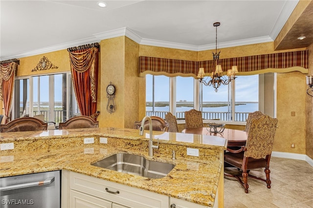 4137 Bay Beach Ln Unit 5P2, Fort Myers Beach, FL 33931 - kitchen with a chandelier, plenty of natural light, stainless steel dishwasher, light stone counters, and crown molding