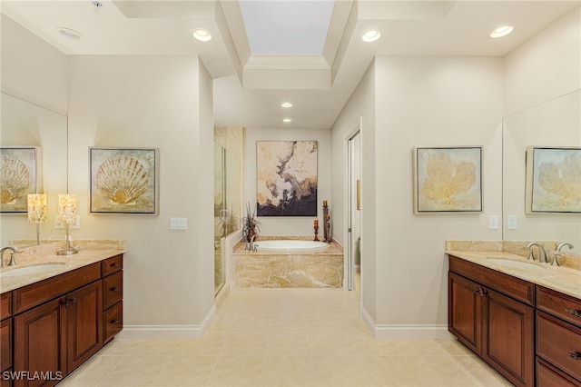 4137 Bay Beach Ln Unit 5P2, Fort Myers Beach, FL 33931 - full bathroom featuring two vanities, a bath, a shower stall, tile patterned flooring, and recessed lighting