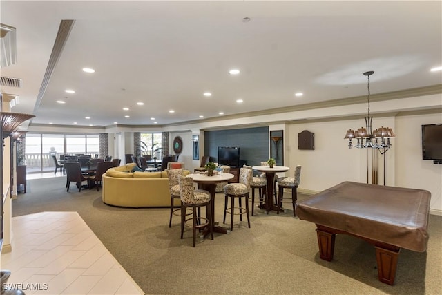 4137 Bay Beach Ln Unit 5P2, Fort Myers Beach, FL 33931 - dining room with recessed lighting, carpet flooring, pool table, crown molding, and a raised ceiling