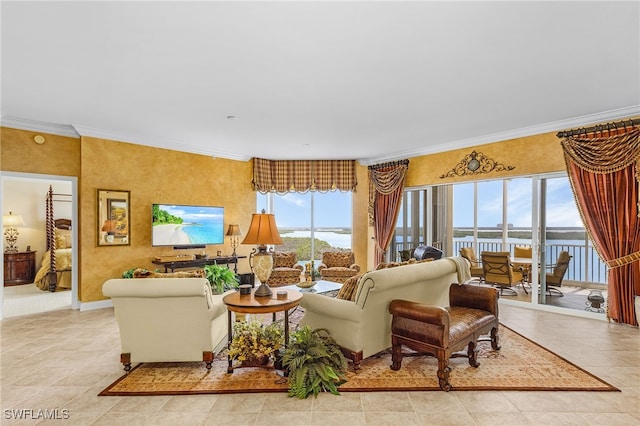 4137 Bay Beach Ln Unit 5P2, Fort Myers Beach, FL 33931 - living area featuring crown molding and light tile patterned floors