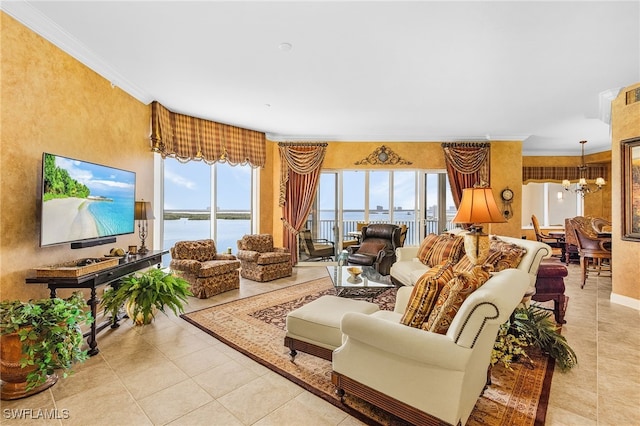 4137 Bay Beach Ln Unit 5P2, Fort Myers Beach, FL 33931 - living area featuring a chandelier, plenty of natural light, light tile patterned floors, and ornamental molding