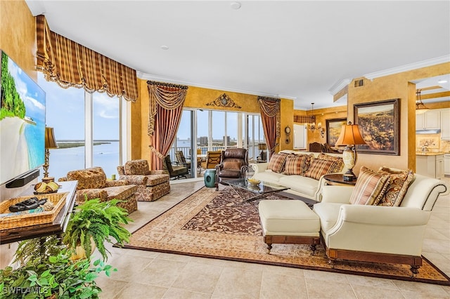 4137 Bay Beach Ln Unit 5P2, Fort Myers Beach, FL 33931 - living area featuring plenty of natural light, ornamental molding, and light tile patterned floors