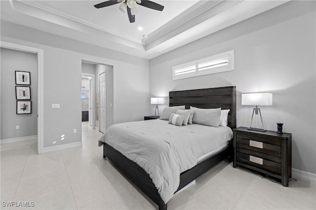 2642 10th Ave NE, Naples, FL 34120 - bedroom with crown molding, a tray ceiling, ceiling fan, and light tile patterned floors