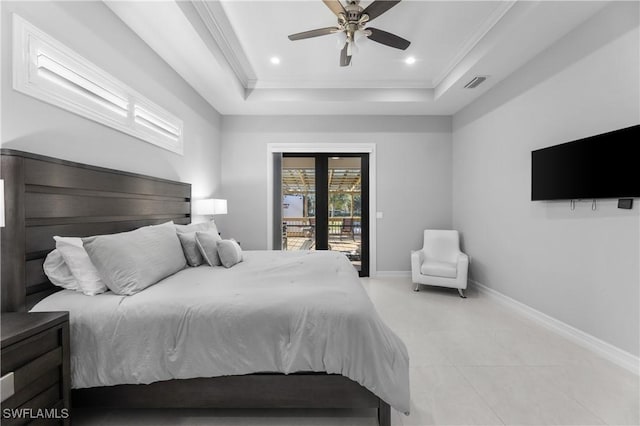 2642 10th Ave NE, Naples, FL 34120 - bedroom featuring a raised ceiling, access to exterior, a ceiling fan, light tile patterned floors, and crown molding