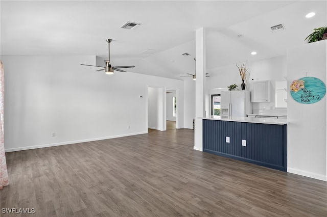 1905 SW 11th St, Cape Coral, FL 33991 - unfurnished living room with ceiling fan, dark wood-style floors, recessed lighting, and high vaulted ceiling