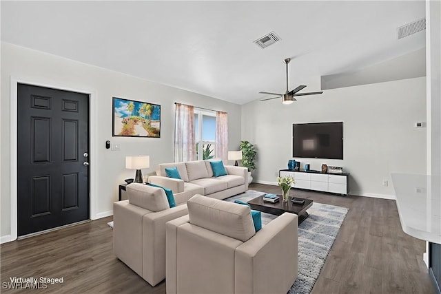 1905 SW 11th St, Cape Coral, FL 33991 - living room featuring ceiling fan, wood finished floors, and lofted ceiling