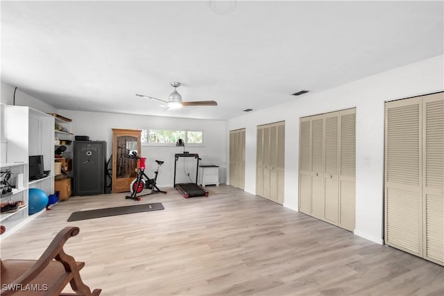 18381 Panther Trail Ln, North Fort Myers, FL 33917 - exercise room featuring light wood finished floors and ceiling fan