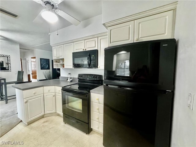 1427 Charles Rd, Fort Myers, FL 33919 - kitchen with black appliances, a peninsula, a ceiling fan, and light floors