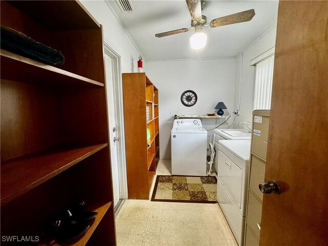1427 Charles Rd, Fort Myers, FL 33919 - washroom with washer and dryer, tile patterned floors, a ceiling fan, and a desk
