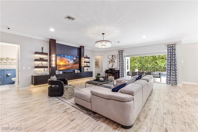 3829 Helmsman Dr, Naples, FL 34120 - living room with ornamental molding, a chandelier, light wood-style floors, and recessed lighting