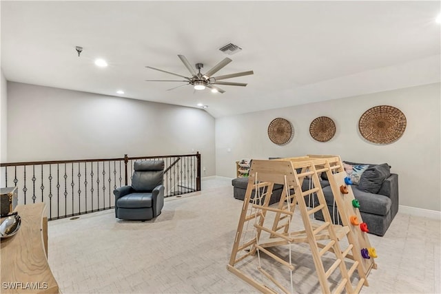 3829 Helmsman Dr, Naples, FL 34120 - rec room featuring ceiling fan, recessed lighting, and vaulted ceiling