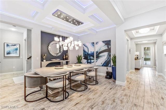 3829 Helmsman Dr, Naples, FL 34120 - dining room featuring light wood-style floors, coffered ceiling, a chandelier, and beamed ceiling