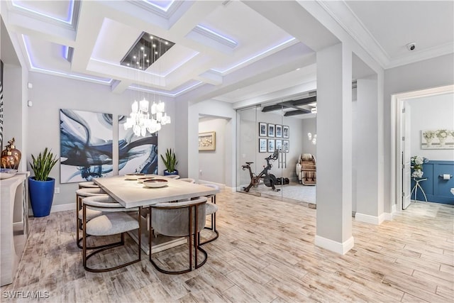 3829 Helmsman Dr, Naples, FL 34120 - dining space featuring light wood finished floors, coffered ceiling, a chandelier, and ornamental molding