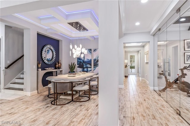 3829 Helmsman Dr, Naples, FL 34120 - hall with wood finished floors, stairway, recessed lighting, coffered ceiling, and ornamental molding