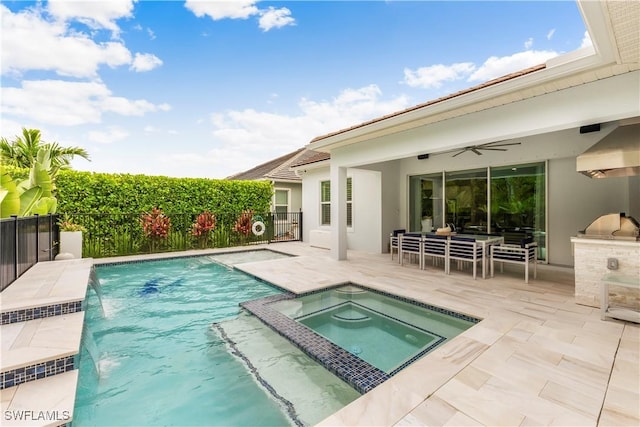3829 Helmsman Dr, Naples, FL 34120 - view of pool featuring a patio, a ceiling fan, a fenced backyard, and a pool with connected hot tub