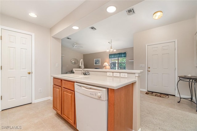 9322 Aegean Cir, Lehigh Acres, FL 33936 - kitchen featuring white dishwasher, light countertops, light tile patterned flooring, brown cabinets, and ceiling fan